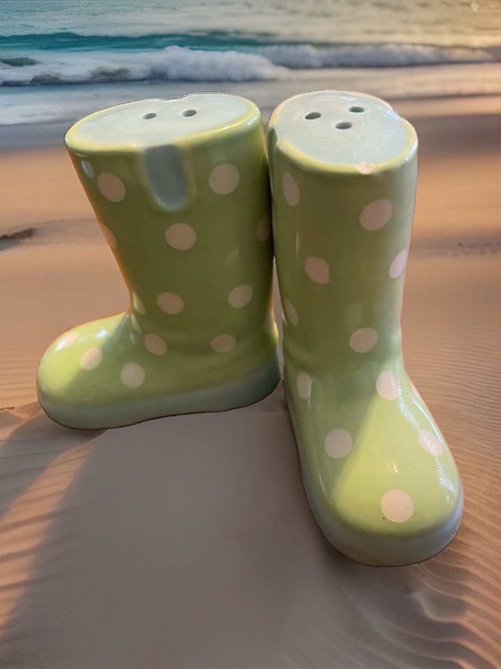Pier 1 Imports Green Polka Dot Rain Boot Salt & Pepper Shaker Set